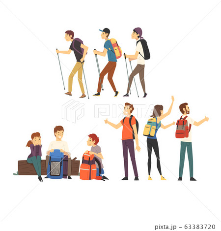 People with Hiking Backpacks Engaged in Active Tourism Vector Illustrations Set. Walking Journey During Vacation 63383720
