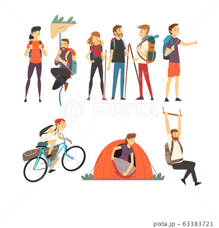 People with Hiking Backpacks Engaged in Active Tourism Vector Illustrations Set. Walking Journey During Vacation People with Hiking Backpacks Engaged in Active Tourism Vector Illustrations Set. Walking Journey During Vacation 63383721