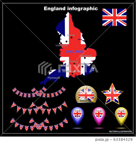 Bright Map of England. Map of England graphic illustration. Set illustration with map, flag, buttons and web buttons. 63384329