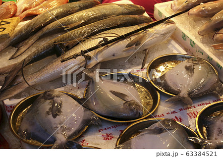 香港島北角の市場で売られる魚。手前の「マナガツオ」は高級魚 63384521
