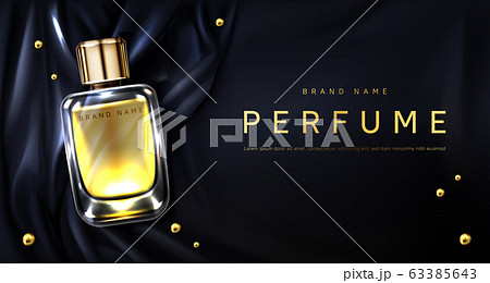 Perfume bottle on black silk fabric background Perfume bottle on black silk fabric background 63385643