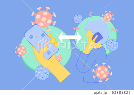 infographic conceptual idea of virus and disease spreading by unawareness of dirty hand. Illustration of smartphone is touched by dirty hand and then the it cause infection when touch the man face 63385822