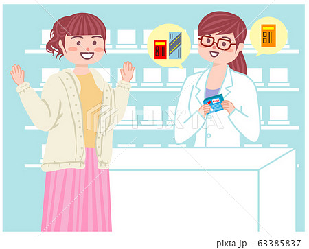 薬局で薬の相談をする女性のイラスト素材