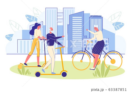 Elderly Energetic People on Bicycle and Scooter. Elderly Energetic People on Bicycle and Scooter. 63387851