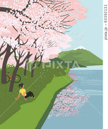 Cherry blossoms at river enjoy flat vector poster 63392131