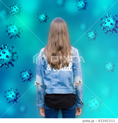 Virus background with girl and hand drawn 3d imitation Coronavirus 2019-nCoV cells Virus background with girl and hand drawn 3d imitation Coronavirus 2019-nCoV cells 63392311