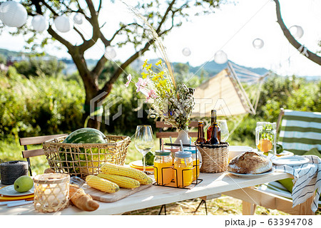 Beautifully decorated lunch table in the garden Beautifully decorated lunch table in the garden 63394708