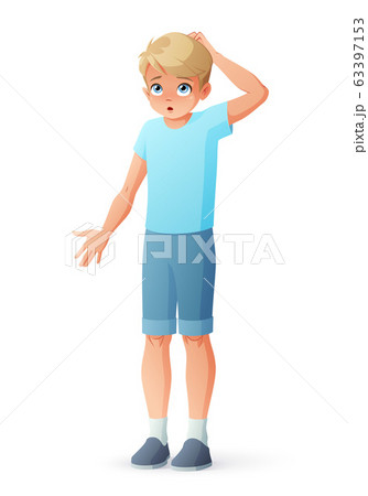 Surprised boy scratching head and shrugging shoulders. Isolated vector illustration. 63397153
