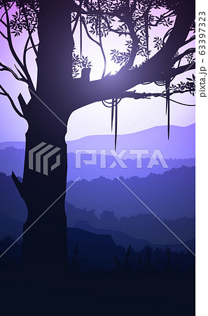 Natural forest mountains horizon hills silhouettes of trees. Evening Sunrise and sunset. Landscape wallpaper. Illustration vector style. Colorful view background. 63397323