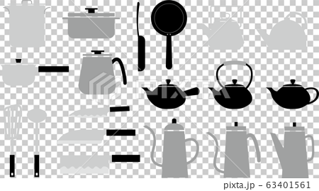 シンプルデザインのキッチン用品グレースケール キッチンツール 鍋 ケトル 包丁 のイラスト素材