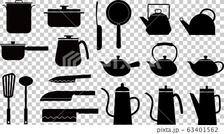 シンプルデザインのキッチン用品シルエット キッチンツール 鍋 ケトル 包丁 のイラスト素材