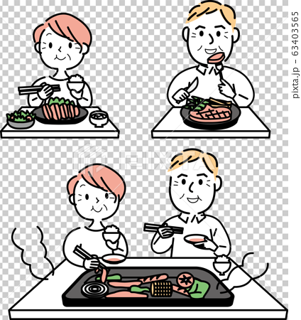 シニア 夫婦 肉を食べる3ポーズ 下白のイラスト素材