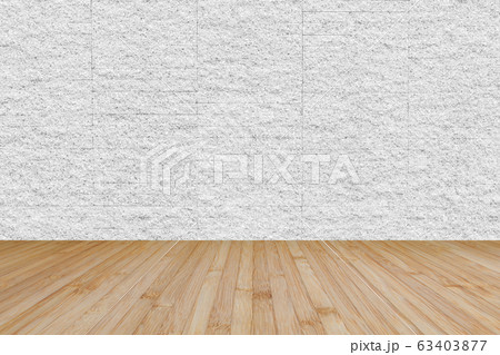 Wooden floor in yellow brown with granite stone brick tile wall aged texture pattern background in white grey color 63403877