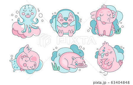 Cute Sleeping Animals and Birds Collection, Lovely Octopus, Elephant, Dragon, Pig Vector Illustration Cute Sleeping Animals and Birds Collection, Lovely Octopus, Elephant, Dragon, Pig Vector Illustration 63404848