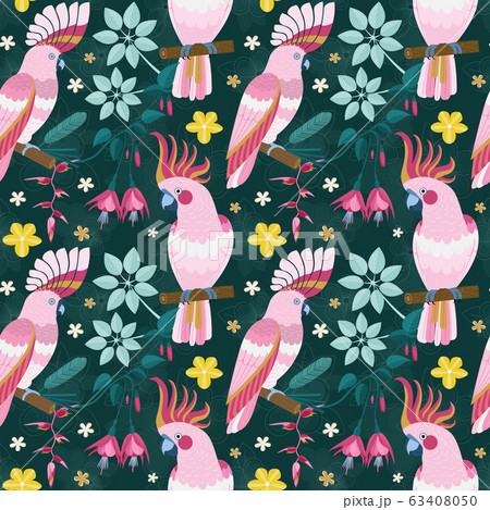 Flat Pink Parrots and Exotic Flowers Pattern Flat Pink Parrots and Exotic Flowers Pattern 63408050