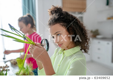 Girl with a magnifier at eye level. 63409652