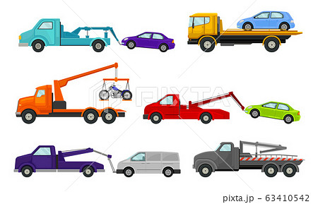 Tow Truck or Breakdown Truck Working Side View Vector Set 63410542