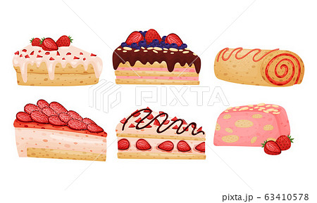 Delicious Cakes and Desserts with Berry and Chocolate Toppings Vector Set Delicious Cakes and Desserts with Berry and Chocolate Toppings Vector Set 63410578