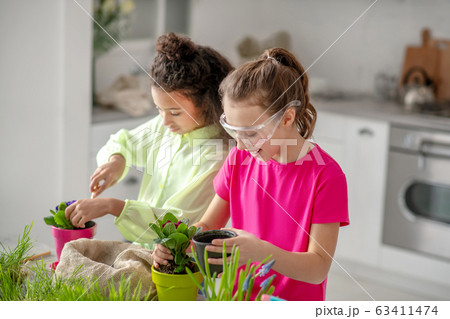 Two girlfriends standing near a table with flowerpots. 63411474