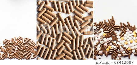 Vitamins and supplements, dietary supplements for the immune system.Dietary supplement.White background. Collage 63412087
