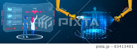 Industrial machine robotic robot arm changes the DNK of a person. Scientists or researchers analyzing DNA molecule. Genetic engineering biotechnology and genome modification. Sci, HUD, GUI, UI medical 63413401