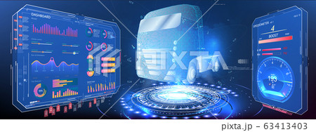 Autonomous smart truck. Unmanned vehicles. artificial intelligence controls the Autonomous truck. Hologram car style in HUD UI GUI. Hardware Diagnostics Condition of Car. Analysis and diagnostics auto 63413403