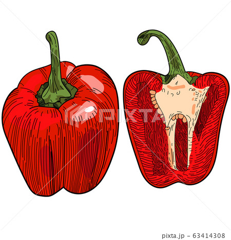Whole red bell pepper with half isolated on white background. Whole red bell pepper with half isolated on white background. 63414308