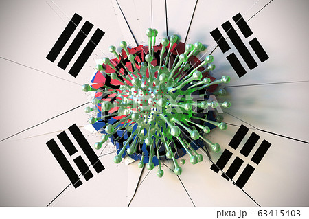 Virus breaks wall with flag of South Korea. Coronavirus outbreak related conceptual 3D rendering 63415403