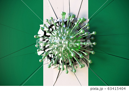 Virus breaks wall with flag of Nigeria. Coronavirus outbreak related conceptual 3D rendering 63415404