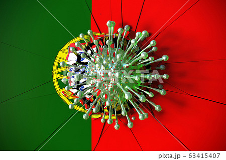 Virus breaks wall with flag of Portugal. Coronavirus outbreak related conceptual 3D rendering Virus breaks wall with flag of Portugal. Coronavirus outbreak related conceptual 3D rendering 63415407