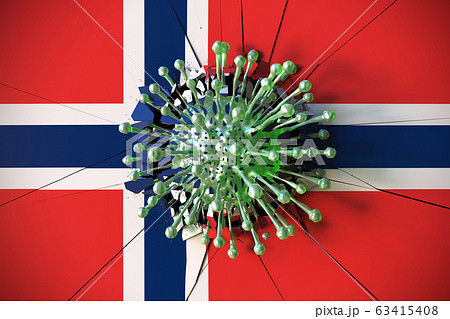 Virus breaks wall with flag of Norway. Coronavirus outbreak related conceptual 3D rendering Virus breaks wall with flag of Norway. Coronavirus outbreak related conceptual 3D rendering 63415408