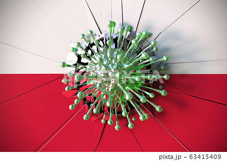 Virus breaks wall with flag of Poland. Coronavirus outbreak related conceptual 3D rendering Virus breaks wall with flag of Poland. Coronavirus outbreak related conceptual 3D rendering 63415409