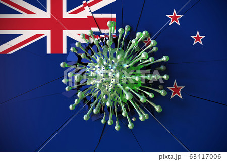 Virus crashes wall with flag of New Zealand. Coronavirus pandemic related conceptual 3D rendering 63417006