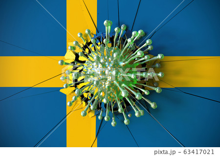 Virus crashes wall with flag of Sweden. Coronavirus pandemic related conceptual 3D rendering Virus crashes wall with flag of Sweden. Coronavirus pandemic related conceptual 3D rendering 63417021