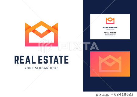 Logo and business card template for real estate, house rental services. 63419632