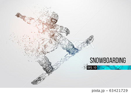 Silhouette of a snowboarder jumping isolated. Dots, lines, triangles, text, color effects and background on a separate layers, color can be changed in one click. Vector illustration Silhouette of a snowboarder jumping isolated. Dots, lines, triangles, text, color effects and background on a separate layers, color can be changed in one click. Vector illustration 63421729