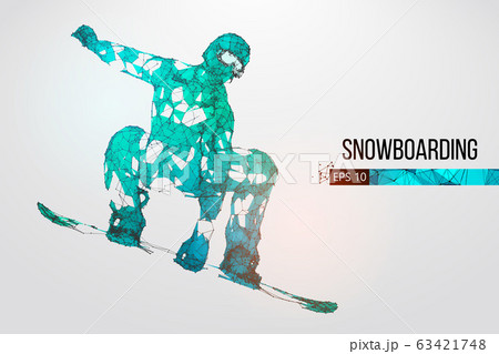 Silhouette of a snowboarder jumping isolated. Dots, lines, triangles, text, color effects and background on a separate layers, color can be changed in one click. Vector illustration Silhouette of a snowboarder jumping isolated. Dots, lines, triangles, text, color effects and background on a separate layers, color can be changed in one click. Vector illustration 63421748