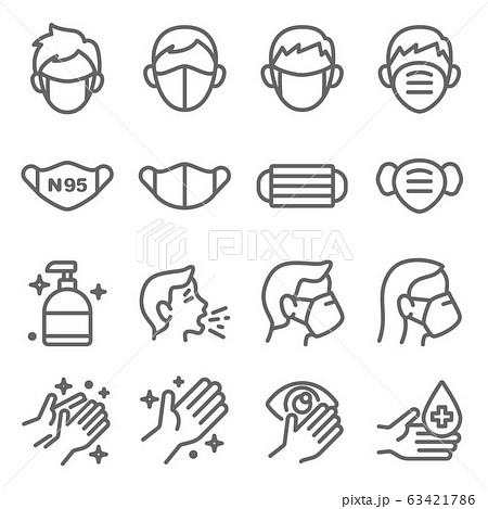 Mask protection virus icon set vector illustration. Contains such icon as clean, sneeze, mask, hand washing, hand sanitizer and more. Expanded Stroke 63421786