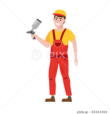 Spray painter professional character spraying yellow paint from paint gun wearing uniform. Flat cartoon style vector illustration isolated on white background. Spray painter professional character spraying yellow paint from paint gun wearing uniform. Flat cartoon style vector illustration isolated on white background. 63423404
