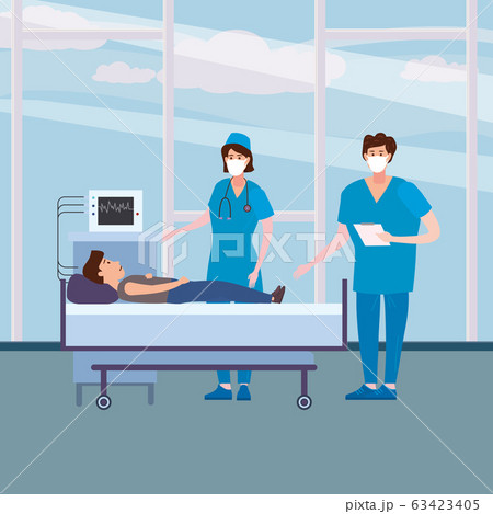 Doctor and nurse in antiviral face mask and patient taking care of patient health in hospital room. Consultation and diagnosis medical tests virus check. Vector illustration isolated Doctor and nurse in antiviral face mask and patient taking care of patient health in hospital room. Consultation and diagnosis medical tests virus check. Vector illustration isolated 63423405