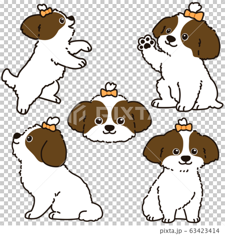 茶色シーズーのポーズイラストセット 主線ありのイラスト素材