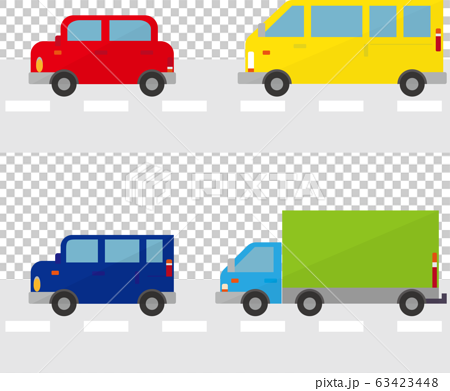 道路と４種類の用途の違う車のシンプルなイラストのイラスト素材