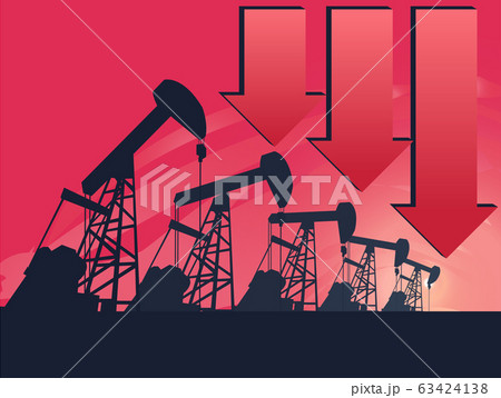 Oil pump oil rig energy industrial machine with Down arrow , Mean The decline in oil prices . 63424138