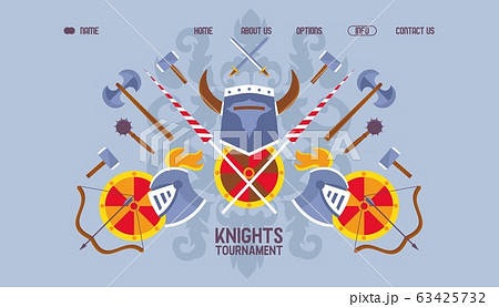 Web banner flat knight tournament, chivalric sword, shield, helmet, axe, mace vector illustration. Contact us, about us, home, options button. 63425732