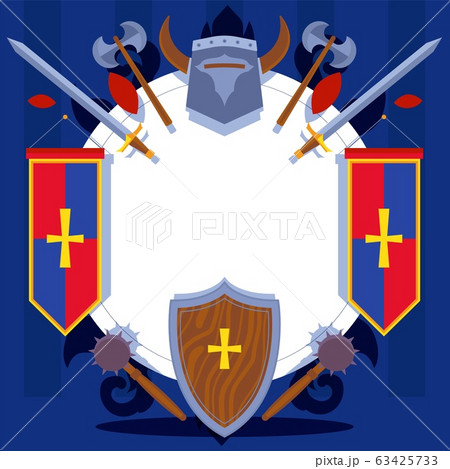 Knight pattern for greeting card, website banner. Medieval helmet, sword, shield, mace, weaponry vector illustration. 63425733