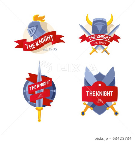 The Knight badge, company, firm logo, flat knight sword, helmet with inscription on ribbon, vector illustration isolated on white. 63425734