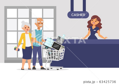 Elderly couple buy small appliance in store, character of male and female vector illustration. People carry for kitchen appliances. Elderly couple buy small appliance in store, character of male and female vector illustration. People carry for kitchen appliances. 63425736