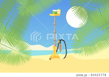 Hookah on tropical sandy beach, green palm tree, sun. Concept and flat vector illustration. Kalyan on sea shore, design web banner. 63425778