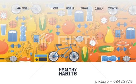 Banner for web healthy habit, outdoor sport poster, cycling, sport game vector illustration. Contact, about us, home, options button. 63425779