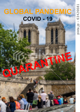 COVID-19 global pandemic quarantine warning banner with Paris city background 63426681